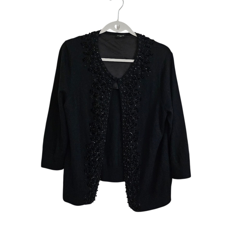 Talbots Cardigan Small Black Beaded Sequined Lambswool Blend 3/4 Sleeve Open Y2K
